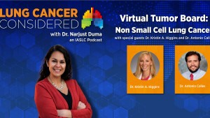 Lung cancer  considered graphic. Dr. Narjust Duma in a red sweater posing over blue background. Headshots of Dr. Higgins and Dr. Antonio Calles cropped into orange circles.