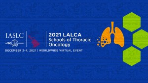 LACLC Schools of Thoracic Oncology Laclc logo on blue background with orange lungs and green hexagons
