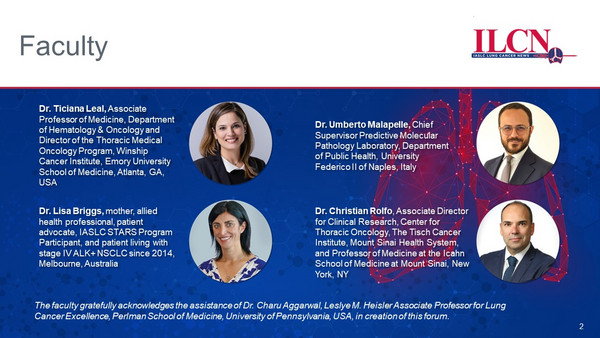 The role of liquid biopsy in NSCLC faculty slide shows the images of Dr. Ticiana Leal, Dr. Christian Rolfo, Dr. Umberto Mapalle, and Mrs. Lisa Briggs